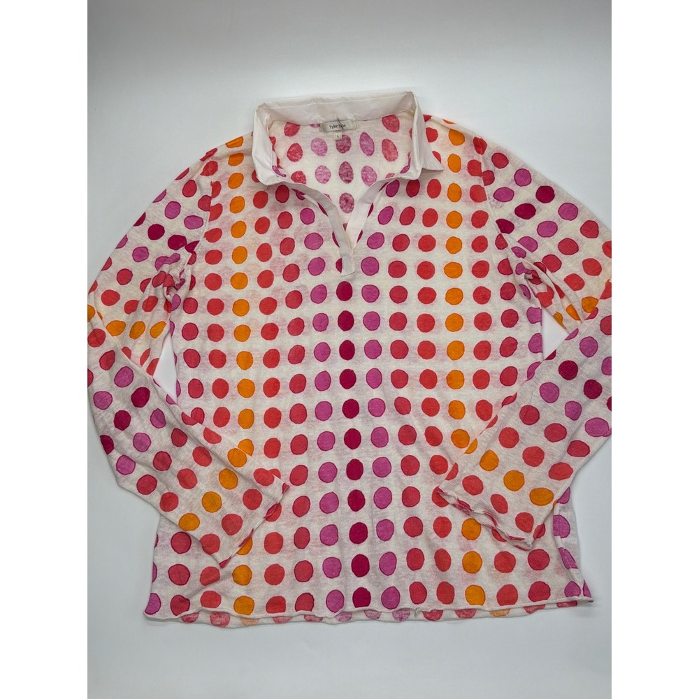 Tyler Boe Womens 100% Linen Polka Dot Polo Sweater Pink Orange Red Large